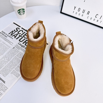 Thick-Soled Wool And Velvet Thickened Women'S Snow Boots Cowhide Non-Slip Short-Tube Cotton Shoes